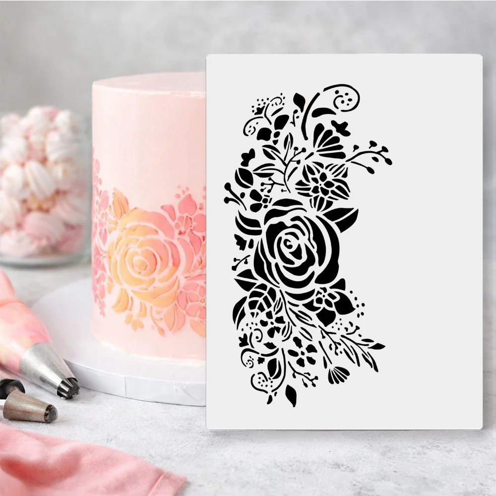 Rose Bush Cake Stencil Template, Food Grade PET Reusable Baking Stencil for Fondant, Sugarcraft & DIY Painting Crafts