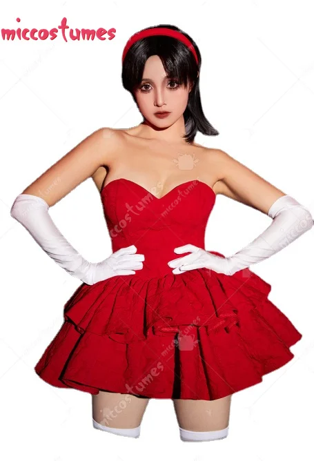 Miccostumes-vestido de Cosplay Mima para mujer, vestido de tubo rojo sin tirantes con diadema, medias hasta el muslo y guantes