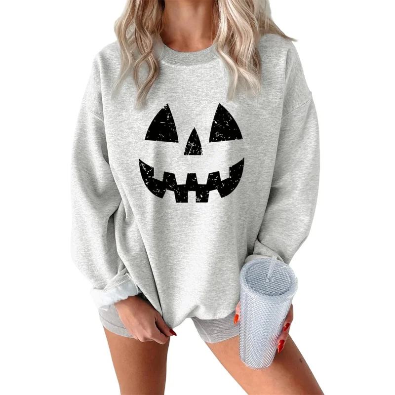 Halloween Pumpkin Face Sports Shirt Cute Pumpkin Shirt Horror Pumpkin Smile Pattern Top Autumn Long Sleeve Women's Hoodie