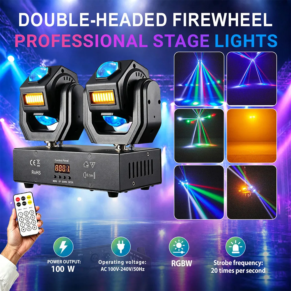 100W Disco Lights RGBW Double Heads LED Beam Remote DMX512 Rotating DJ Moving Head Stage Effect Light For Party Bar Club Event