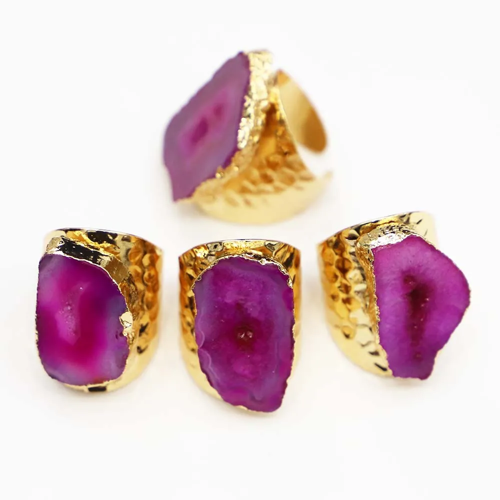 Fashion Natural Rose Agates Irregular Quartz Drusy Adjustable Rings Raw Geode Finger Gold Exquisite Boho Jewelry Wholesale 4Pcs