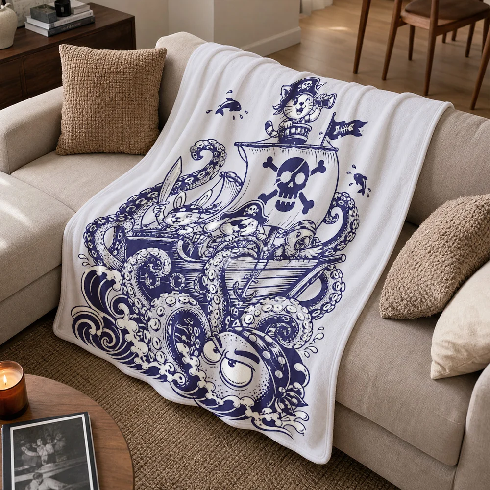 Decorative Pirate Nautical Throw Blanket for Sofa Couch Living Room Decor Ocean Kraken Skeleton Ship Home Accent Gift