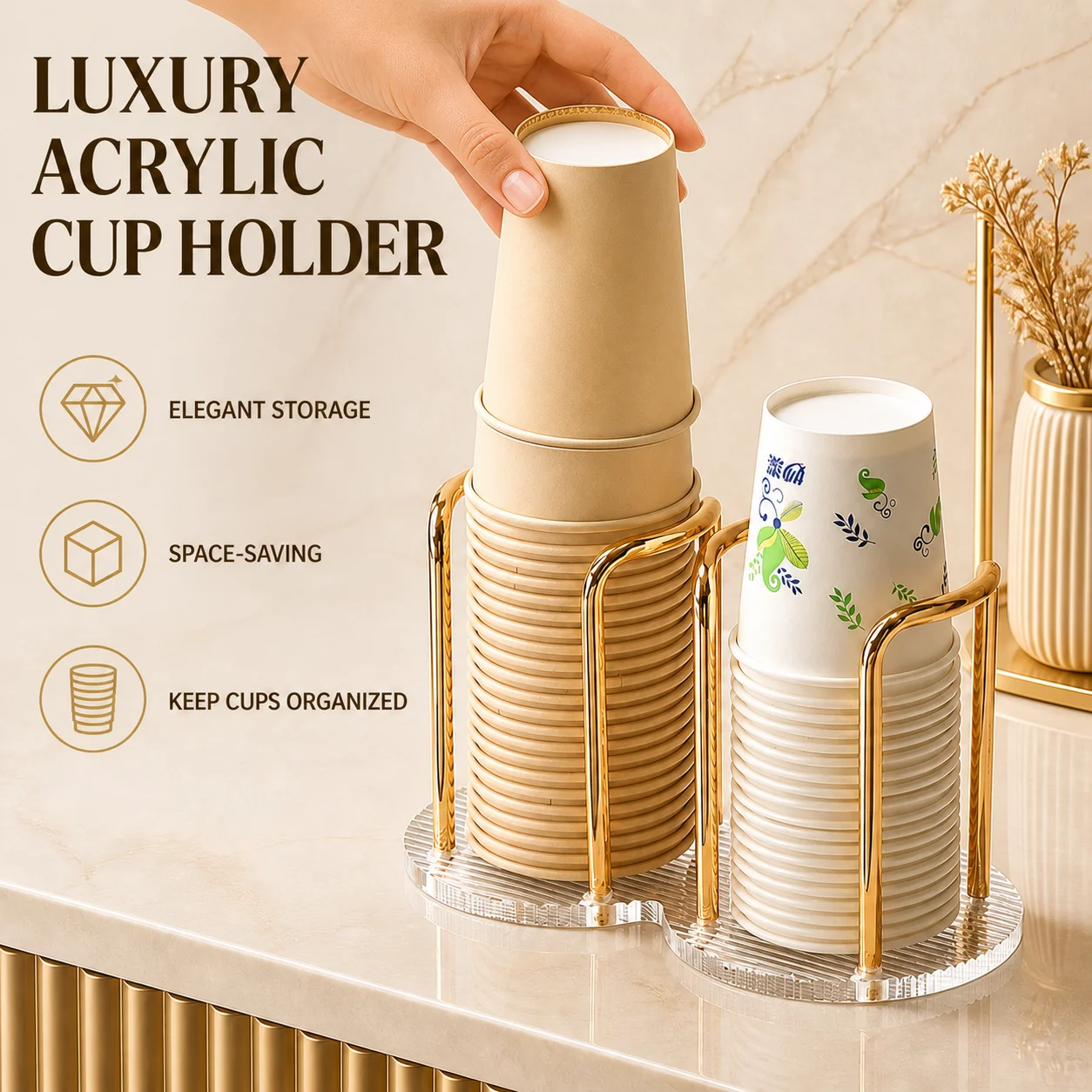 Desktop Acrylic Cup Dispenser Rack Metal Disposable Paper Mug Storage Holder Home Kitchen Cup Display Organizer Stand