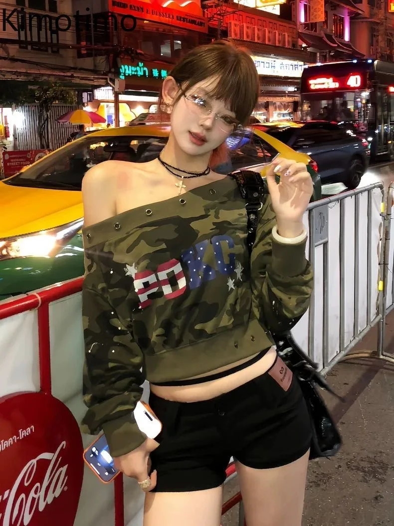 

Kimotimo, камуфляжная толстовка с длинными рукавами и буквенным принтом, женская осенняя толстовка с наклонным воротником, облегающий укороченный топ на пуговицах, уличная толстовка Y2k