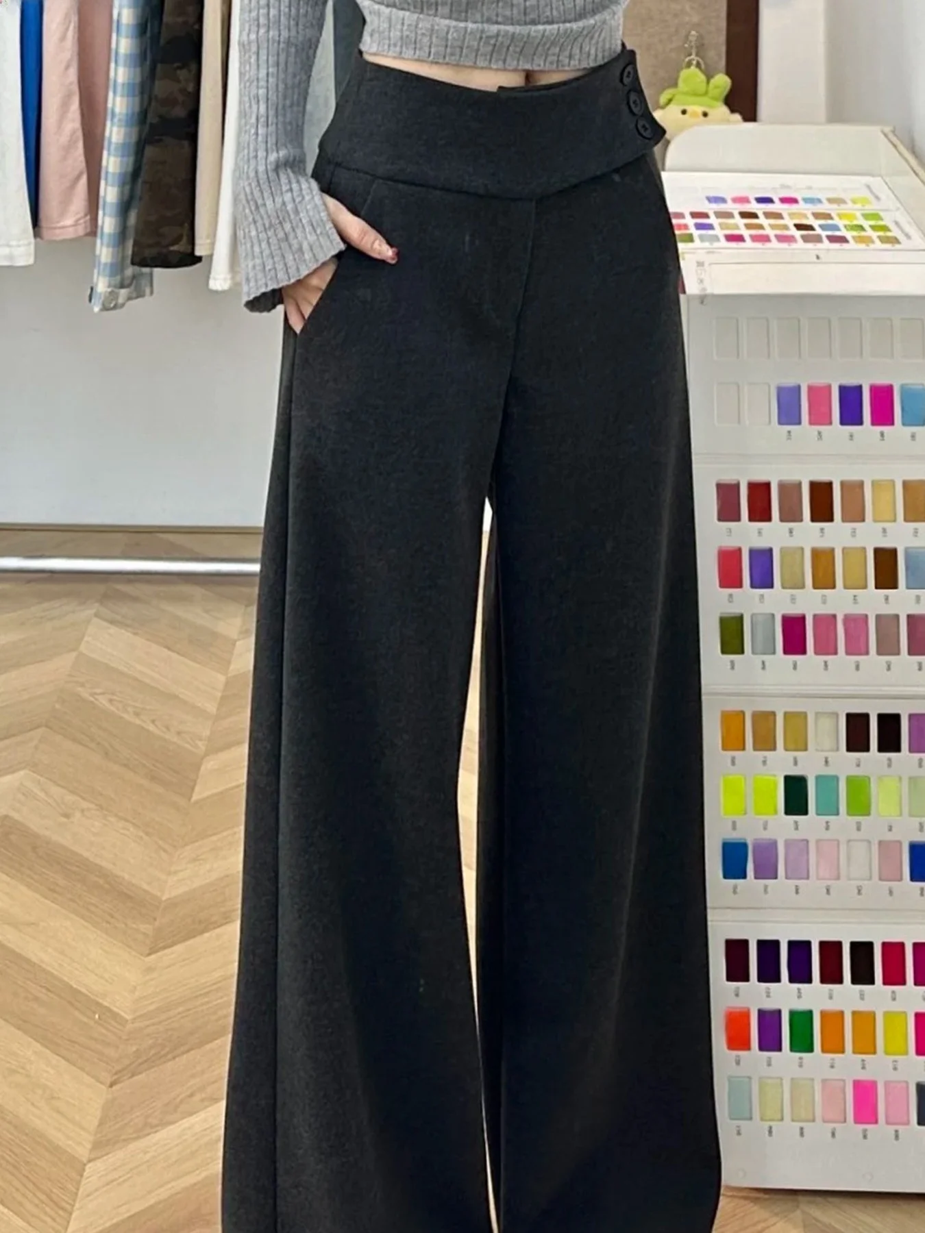 

High Waist Woolen Wide Leg Pants Women's Casual Straight Cut Long Pants Spring 2026 New Style Slimming Versatile Hot Girl
