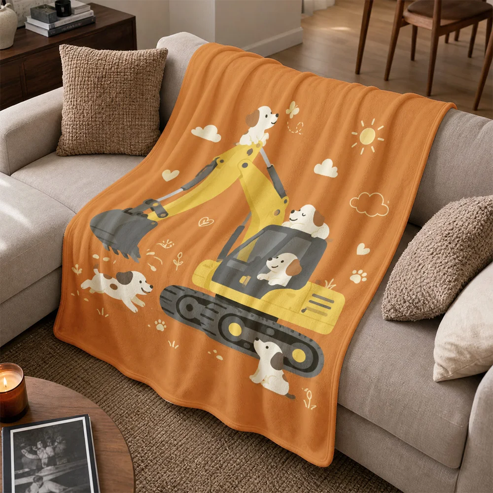 Cozy Plush Dog and Excavator Print Decorative Throw Blanket for Sofa Couch Pet Lovers Nursery Gifts Machine Puppy Theme Fleece T