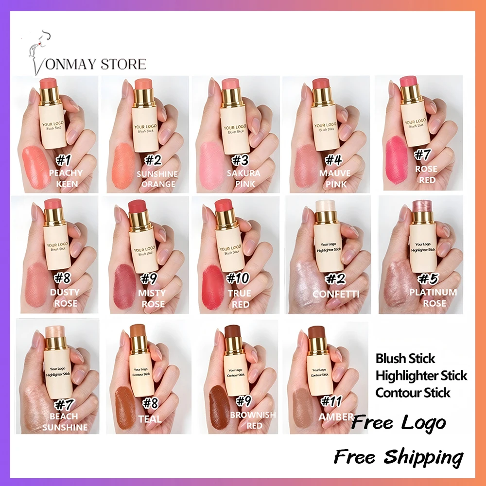 14-color Private Label 6.5g Blush Stick Custom Logo Beige-tube Face Blush Highlighter Contour Summer Natural Long-lasting Makeup