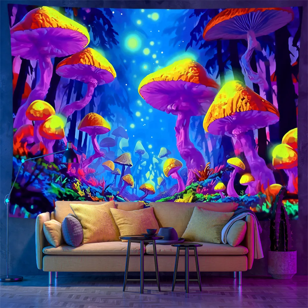 VIKAMA Giant Mushroom Forest Tapestry, Psychedelic And Fantastical Forest-Themed Bedroom Background Fabric, Dark Home Decor