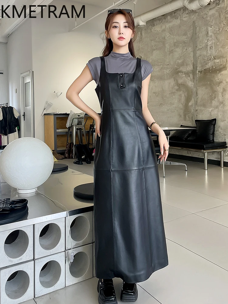 100% toplaag schapenvacht jurk Dames luxe lange zwarte echte lederen jurken Nieuw in Bovenkleding Herfstkleding 2025 Dames dhavadUSIatoria