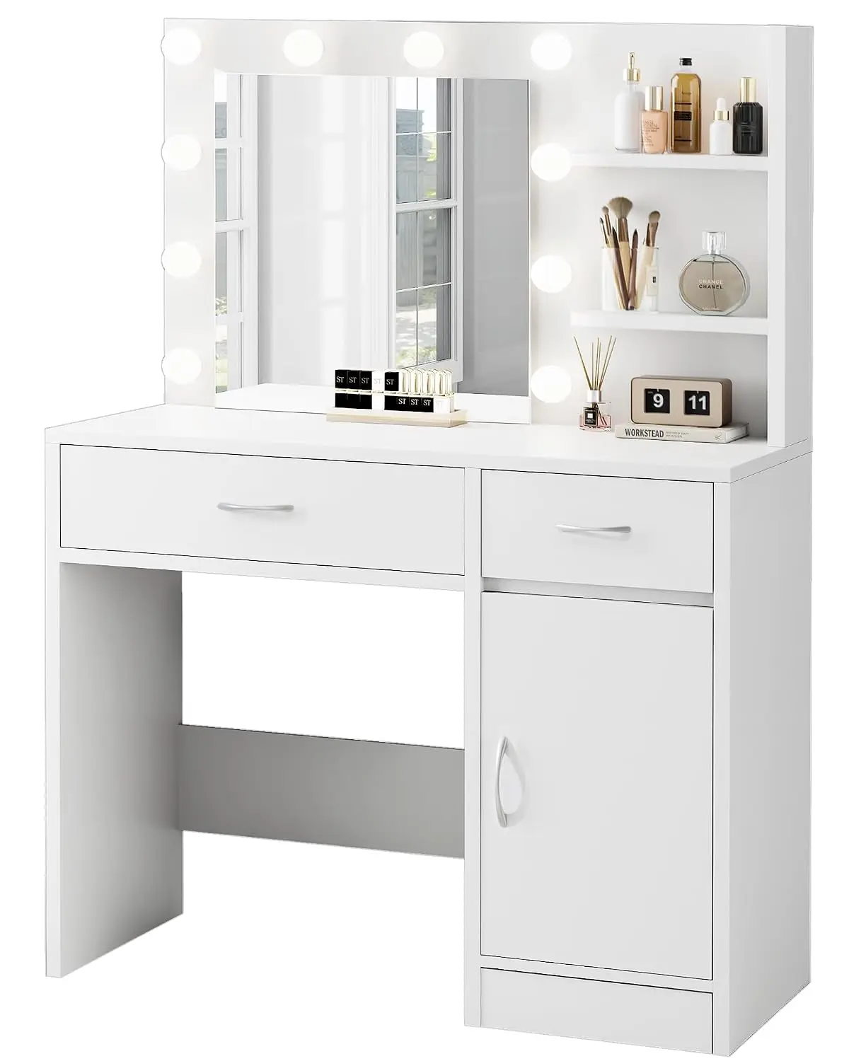 35.4" White Makeup Vanity Desk With Large Mirror & 10 Dimmable Hollywood Light Bulbs,Storage Cabinet, Customized