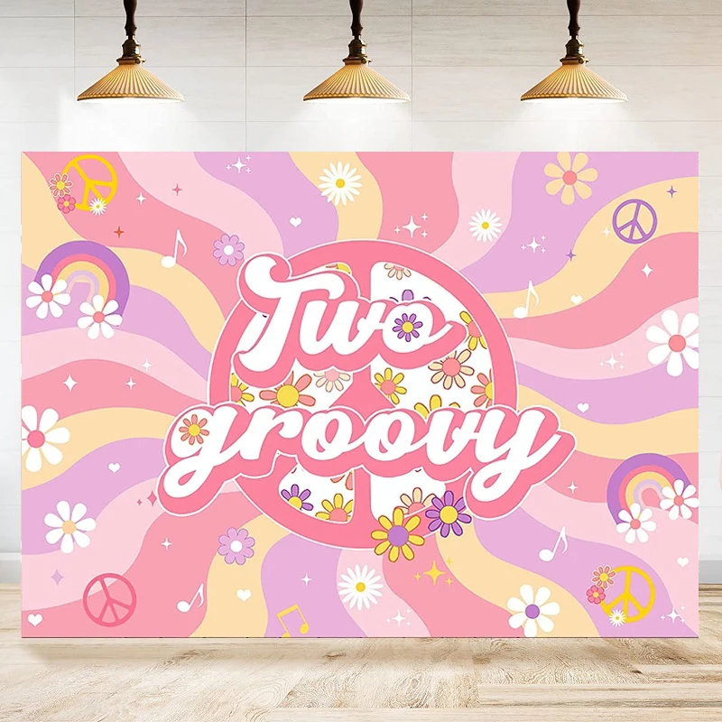 Photography Backdrop Two Groovy Retro Hippie Boho Girl Banner Daisy Flower  Background Wall Hippie 2Th Birthday Party Decoration