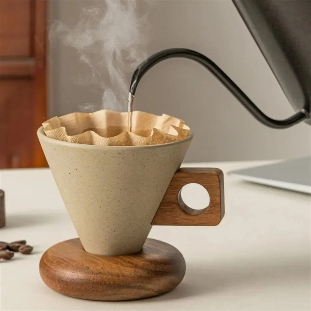 Ceramic Coffee Cup& Wood Base Spoon Set Retro Coffee Mug with Handle Household Exquisite Afternooon Tea Set for Woman