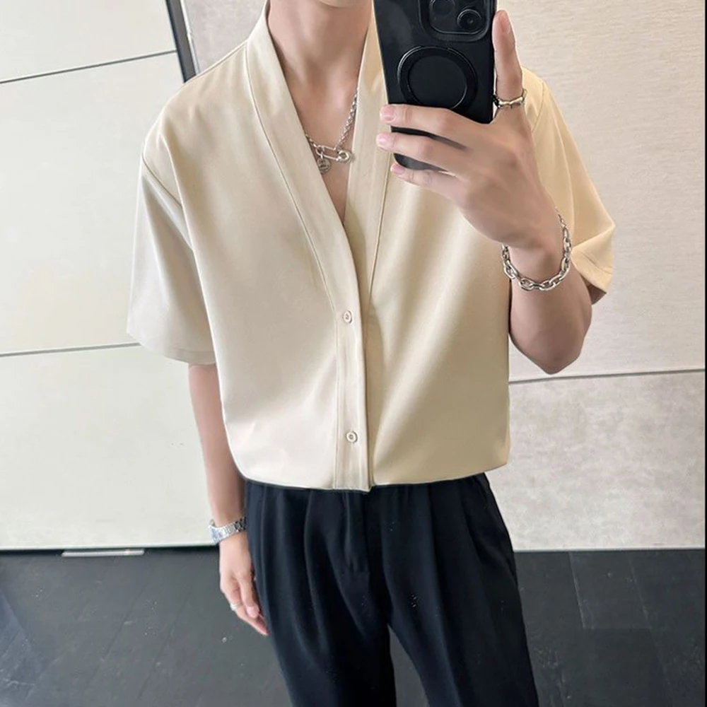 

Мужская однотонная рубашка с короткими рукавами, корейская модная тенденция в стиле ретро, свободные повседневные дышащие нишевые летние новые мужские топы унисекс