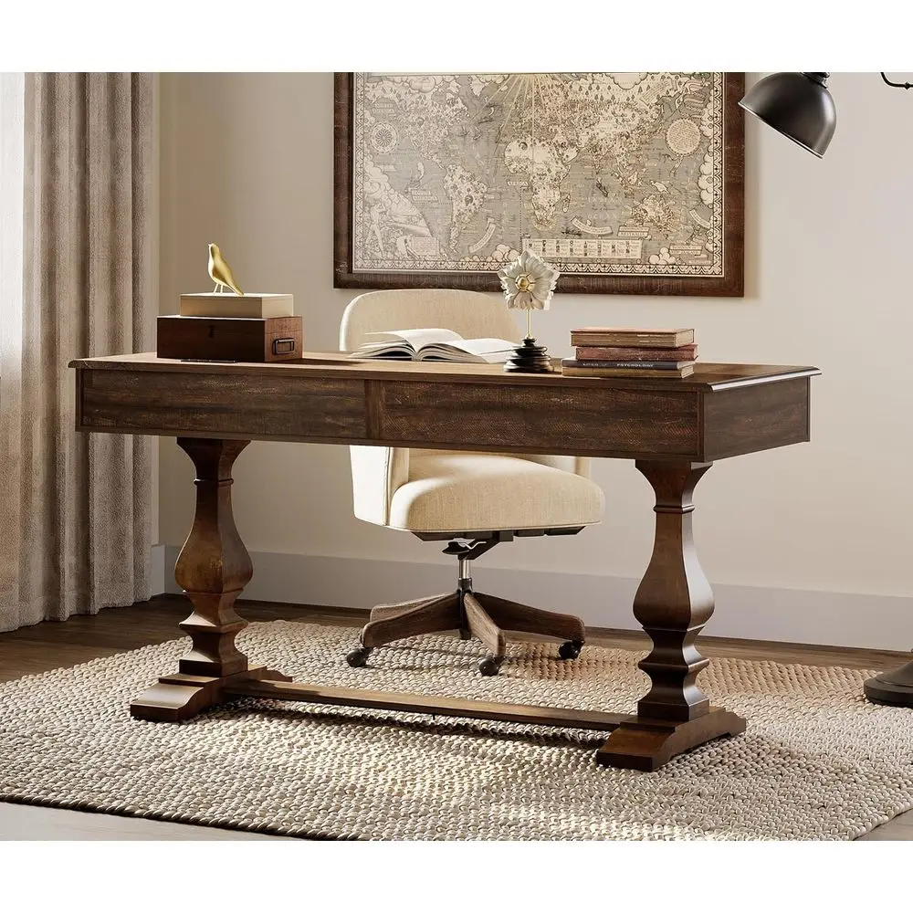 60 Vintage Walnut Executive Desk with Solid Wood Legs, Rustic Style, Deep Drawers, Power Outlets