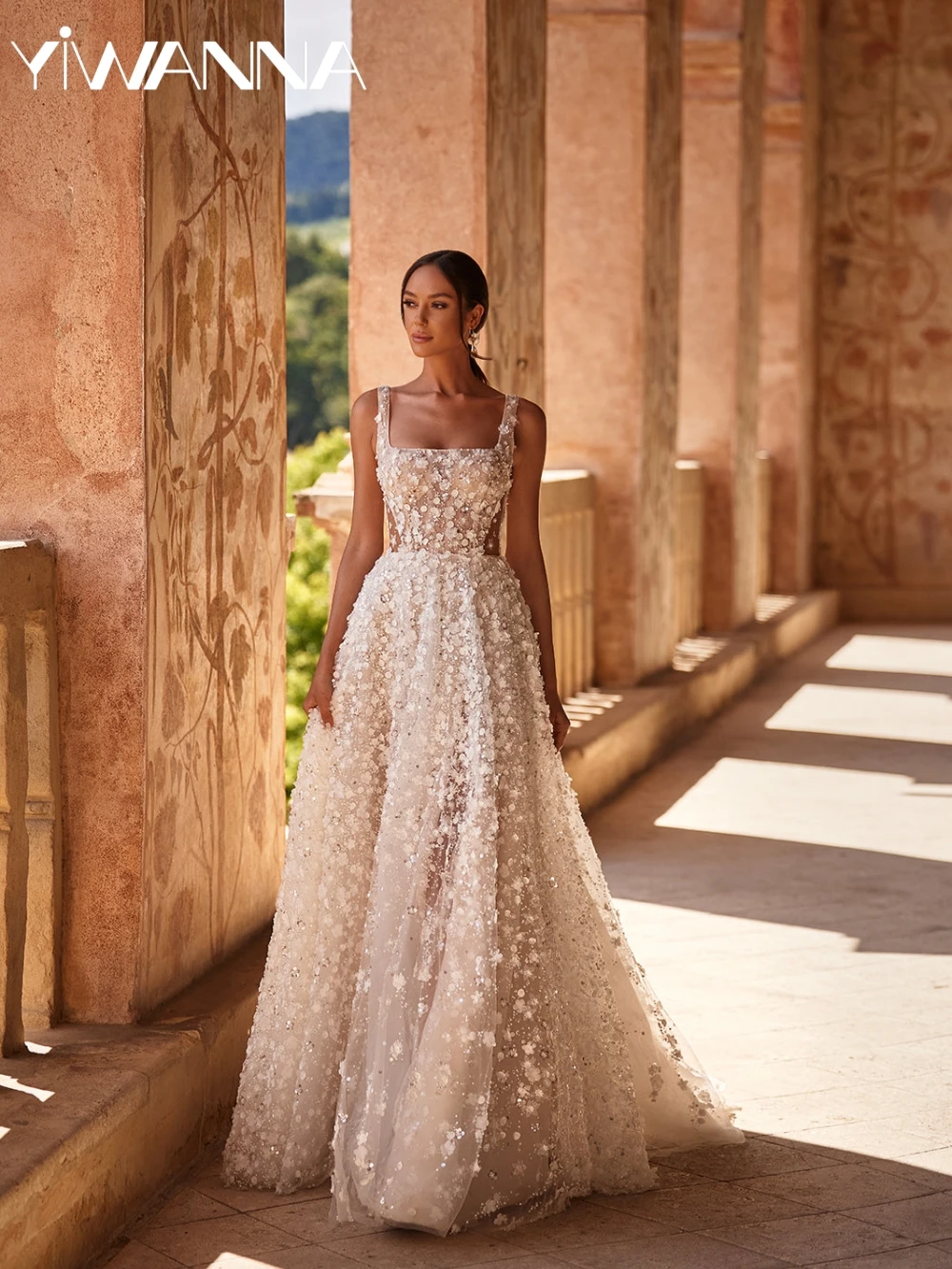 

Dazzling Elegant Beaded 3D Flower Wedding Dress Exquisite Square Neck A-line Long Bridal Gown Customized New Dresses For Bride