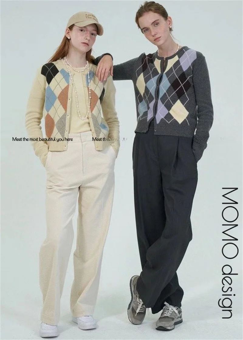 

Retro Diamond Pattern Woolen Knitted ort Sweater High Waist Fem Open Cardigan Long Sve Slim Fit Winter Commute Sle
