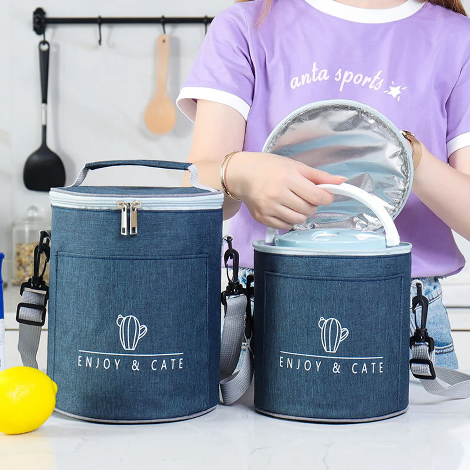 Wiederverwendbare Isolierte Lunch-Tasche Verstärkte Zylindrische Bento-Tasche für Büroangestellte Studenten Reisen Picknick Mahlzeiten-Handtasche Reisbeutel – Detail 6
