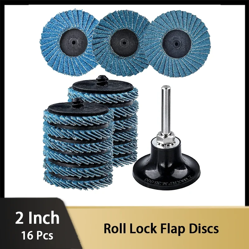 2 Inch Roll Lock Flap Discs 16 Pcs 40 60 80 Grit Abrasive Grinder Wheels with 1/4