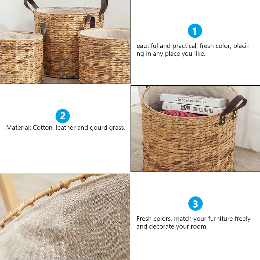 

1pc Grass Woven Storage Basket Handmade Natural Fiber Organizer For Clothing Laundry Space-Saving Home Storage Tool