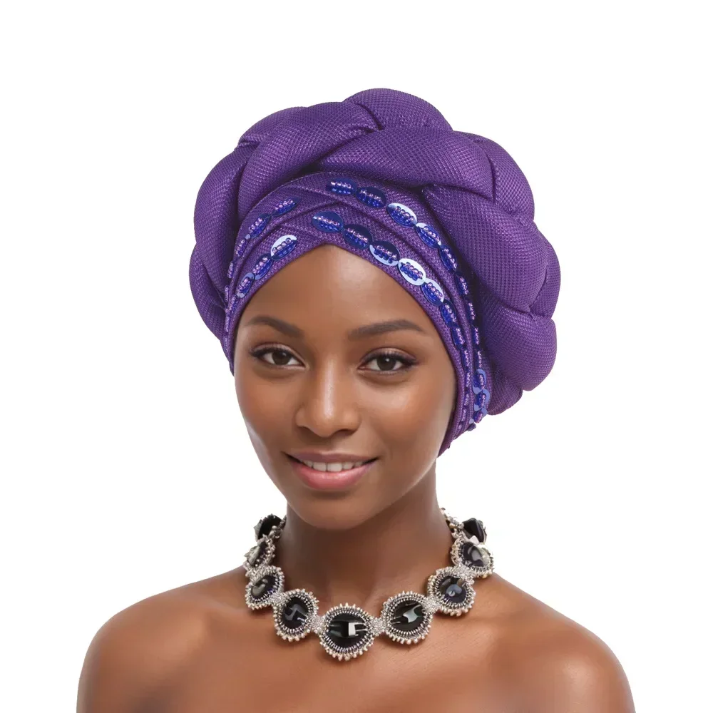 Sequin Hat for Women African Twist Braid Head Wraps Muslim Nigerian Party Headwear Bonnets Indian Turban Cap Auto Gele Headscarf