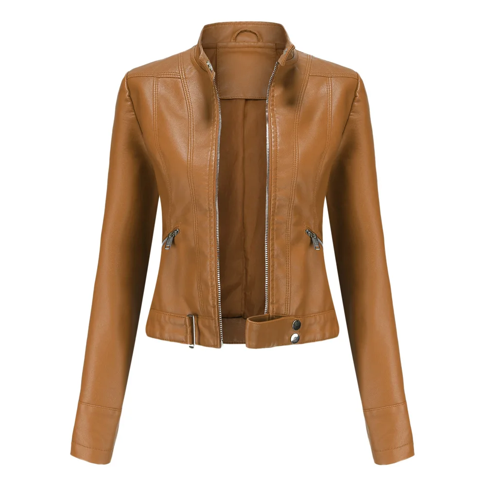 Women's Leather Jacket 2023 Autumn Spring Women's Motorcycle Zip Jacket Red Black Apricot Coffee Coat Ladies Jacket Violet