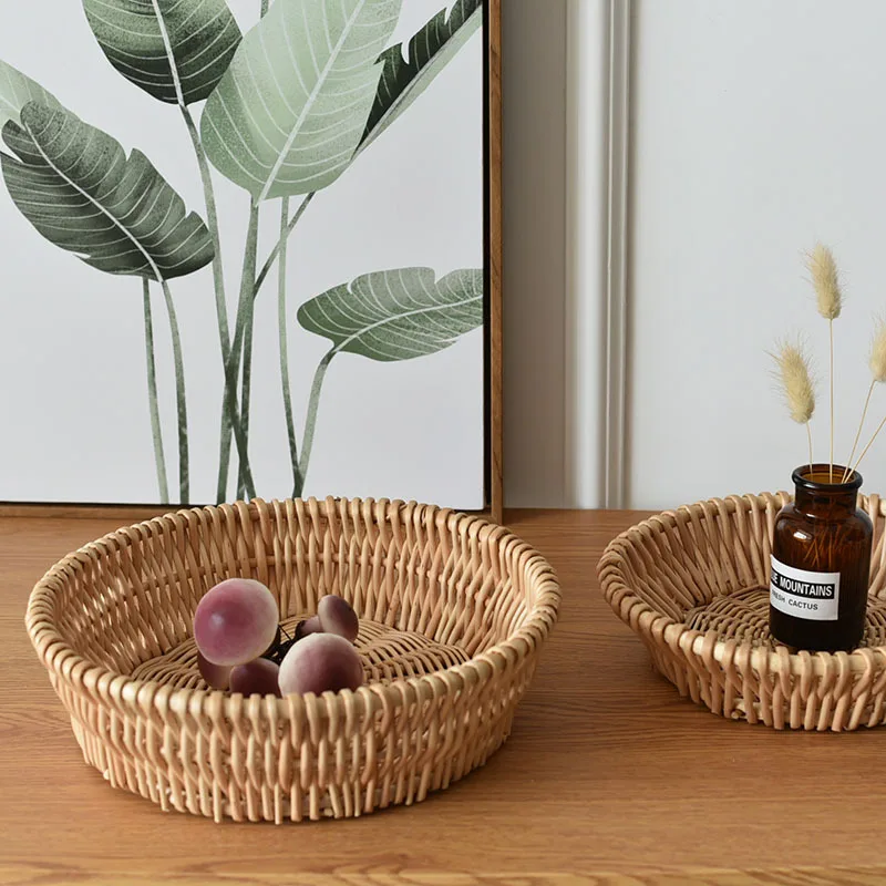 20/25/30cm Rattan Fruit Basket Sundry Storage Basket Hand-Woven Storage Box Food Breakfast Display Box Kitchen Storage Supplies