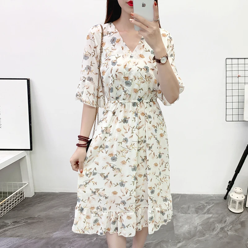 Boho Flower Chiffon Beach Dress Women Summer Short sleeved V-neck Casual Ruffle Midi Long Dress