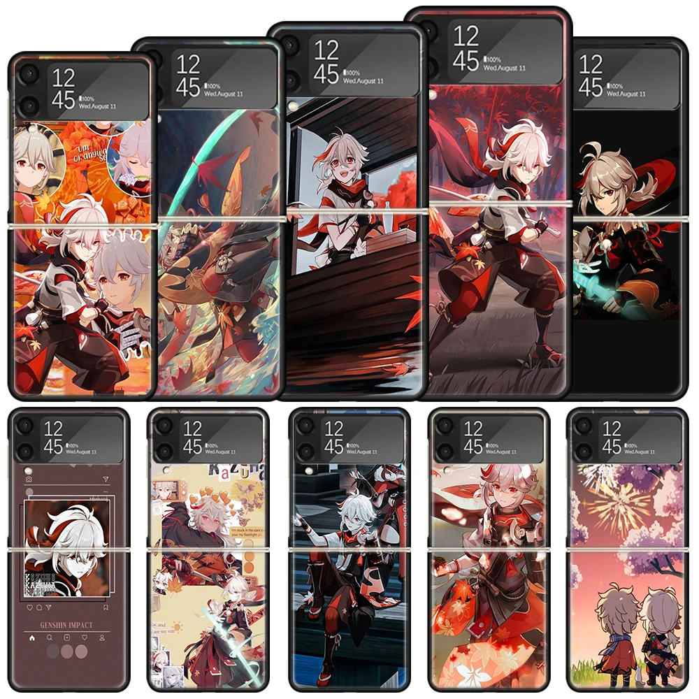 Ударопрочный жесткий чехол Kazuha Genshin для Samsung Galaxy Z Flip 4 5 3 5G, чехол для телефона Z Flip3 Flip4 Flip5, черный чехол