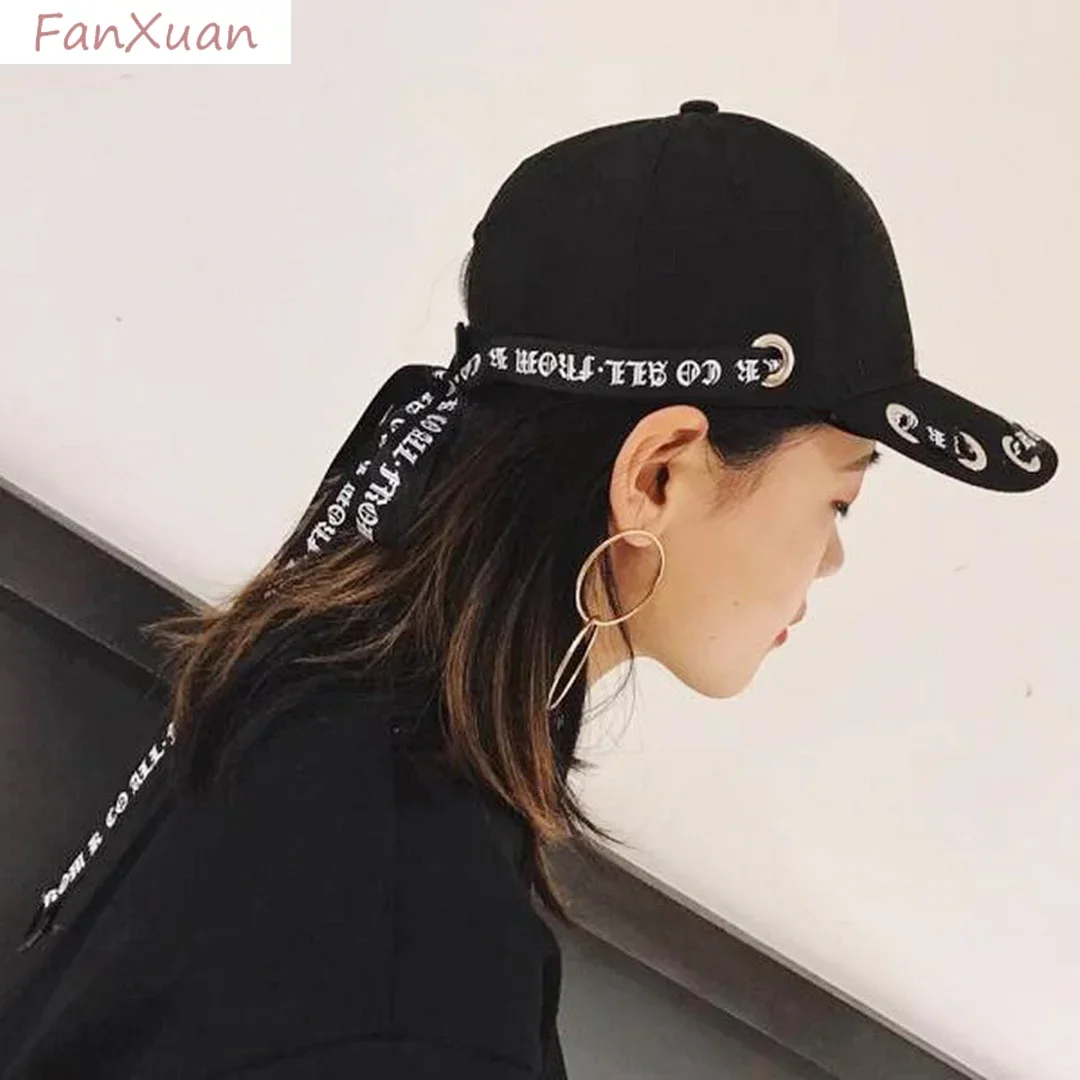 Y2K Baseball Cap for Men Kpop Hats Femme Long Ribbon Black / White Men's Caps Women Hip Hop Hats Punk