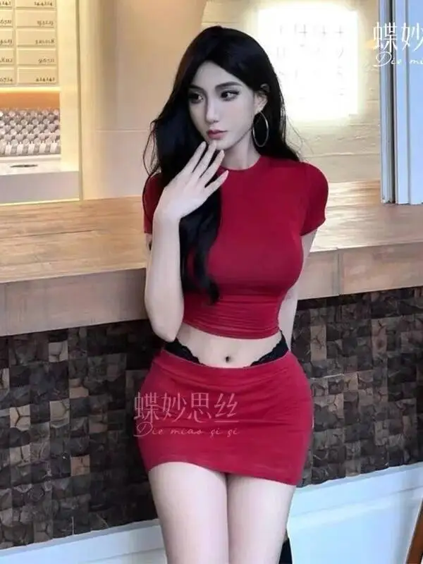 Butterfly Sexy Bodycon Skirt Sets Pure Desire Round Neck Short Sleeved Red Skirt Sets Charming Nightclub Style Thin Playful ZXUM