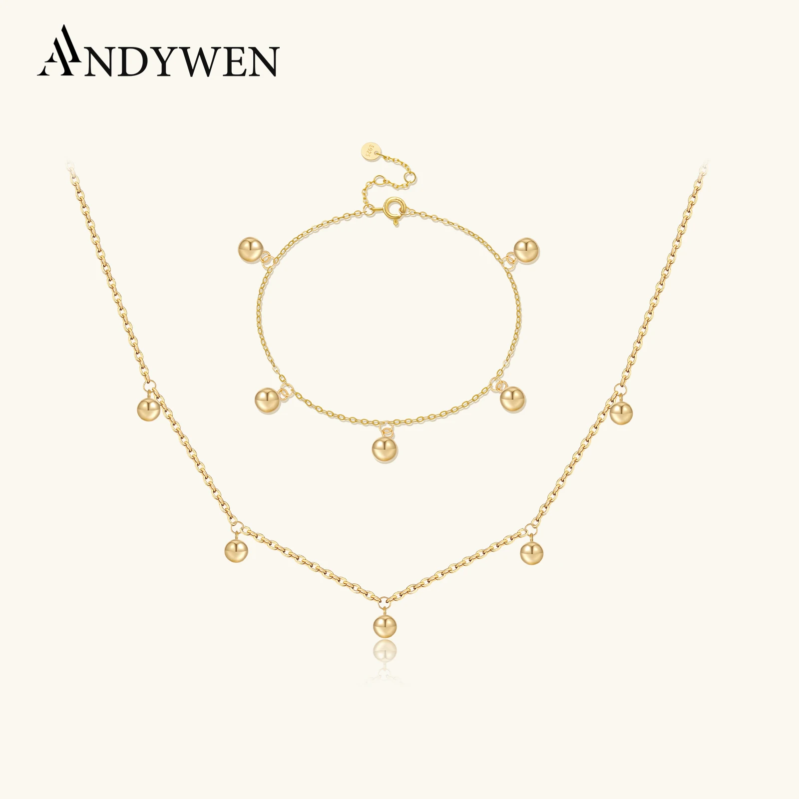 

ANDYWEN 925 Sterling Silver Bead Charm Orbs Necklace Bracelet Jewelry Set 2025 Luxury Fine Women Wedding Trendy Gift Jewelry