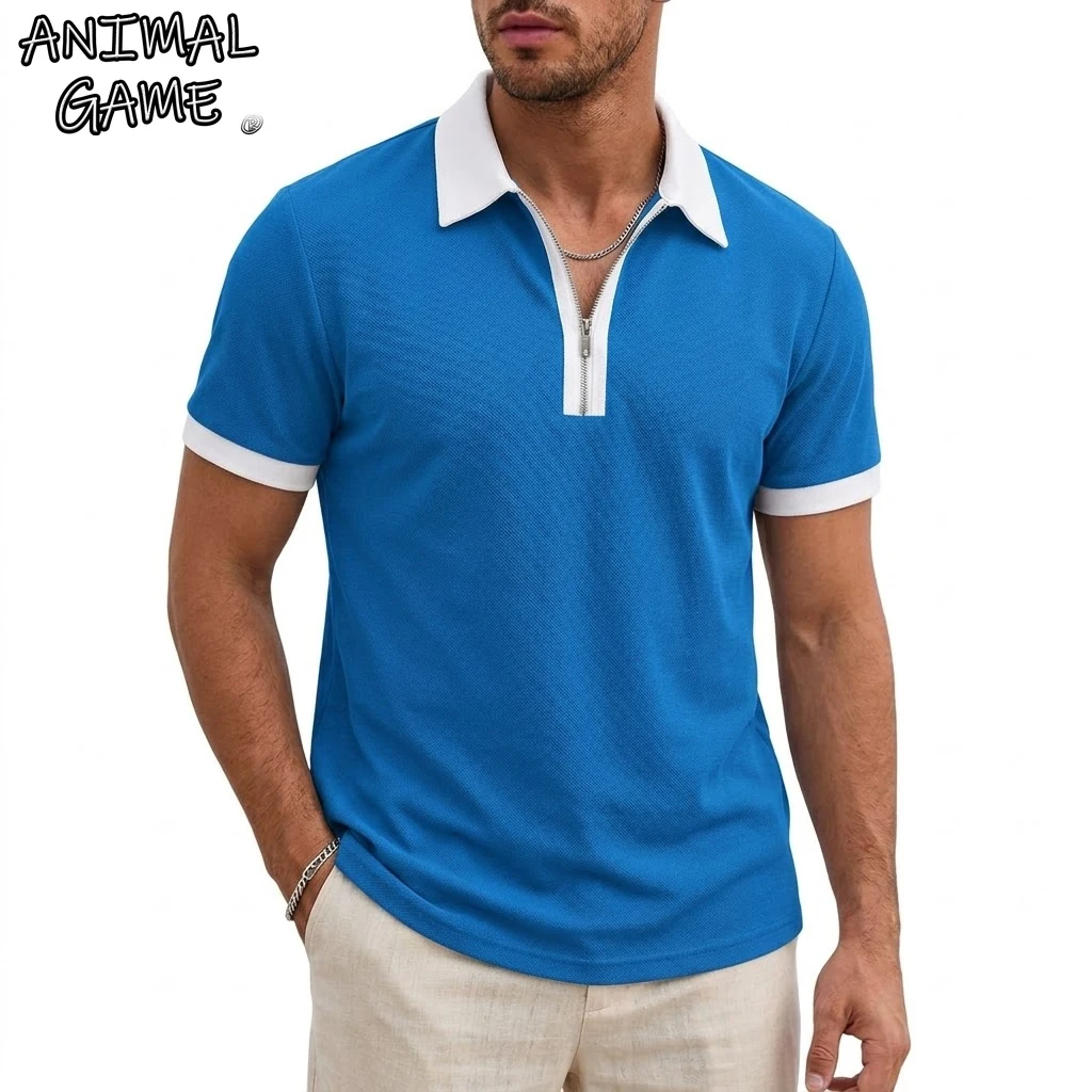 Sommer Herren Kurzarm-Poloshirts mit Reißverschluss, Farbblock-Freizeit-T-Shirt für Männer, Leichte Hemden mit Kragen, Feuchtigkeitsableitendes Streetwear-Shirt