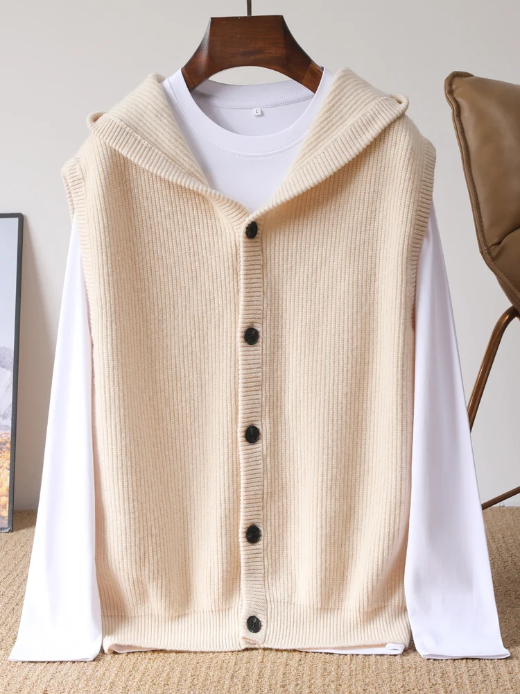 2025 New Fashion Hooded Cardigan Sweater Man Vest Slim Fit Jumpers Knitwear Sleeveless Winter Pure Wool Casual Clothing Men