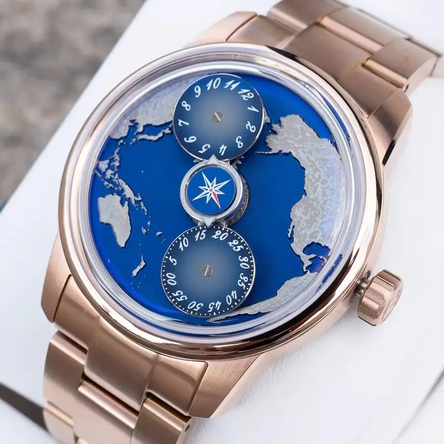 OBLVLO Men Automatic Watch 42MM Mechanical Wristwatch Luminous Dial 50M Waterproof Sapphire Rotatable Earth Dial 2 Small Dial