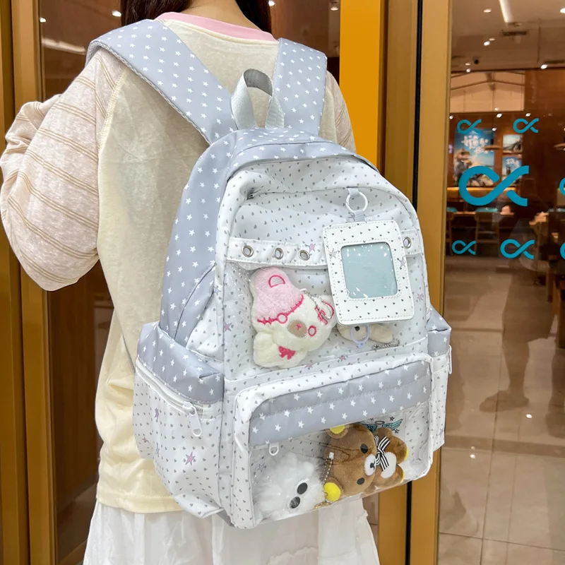 Women Cute Backpack Pink Polka Dot School Daypack with Clear PVC Pocket Photo Card Holder Casual Nylon Rucksack for Girls