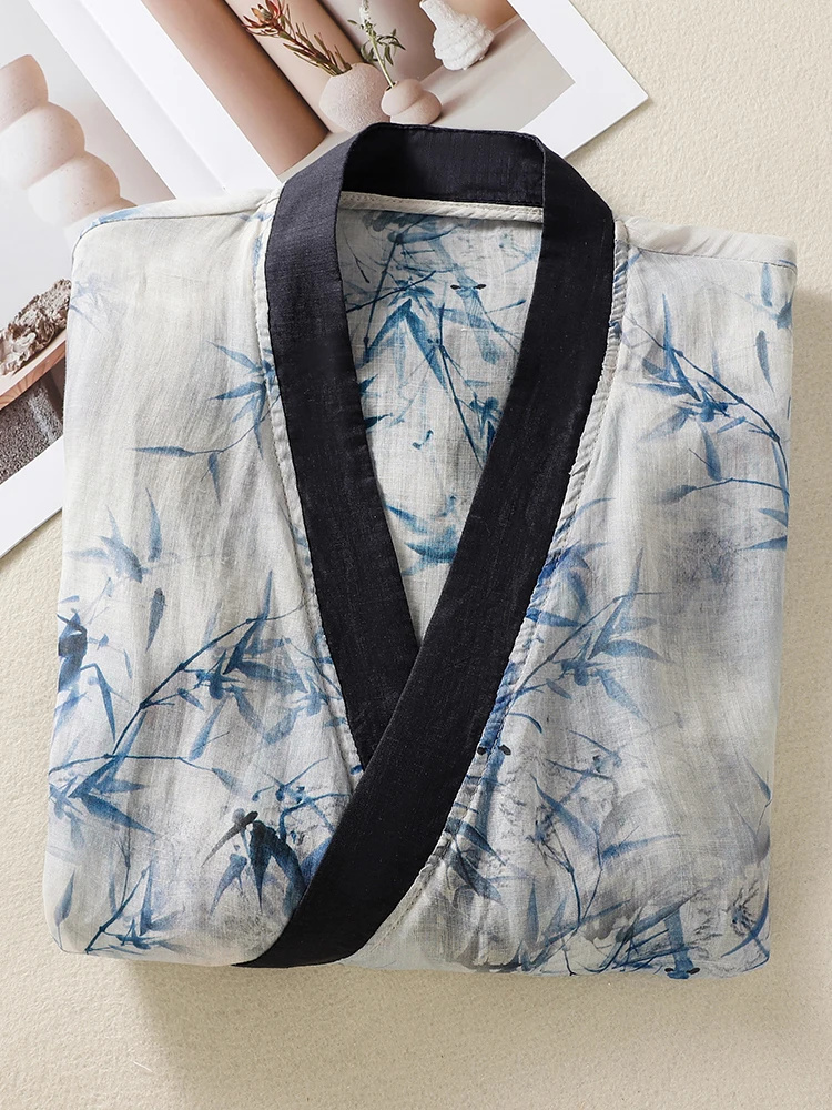 New Chinese Style Thin Cotton Shirt Women's Summer Bamboo Leaf Print Indigo Collar Slimming Top Zen Tea Clothing Dream Qing S...