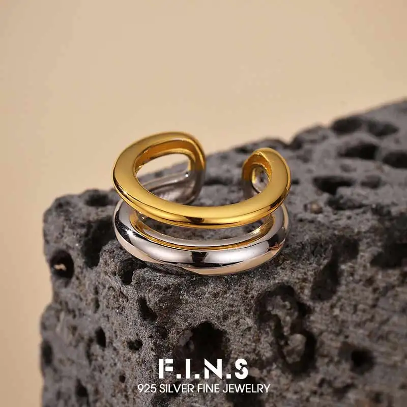 F.I.N.S 1PC Minimalist S925 Sterling Silver Cartilage Ear Clip Two Layer Lines Double Color No Piercing Earcuff Fine Jewelry