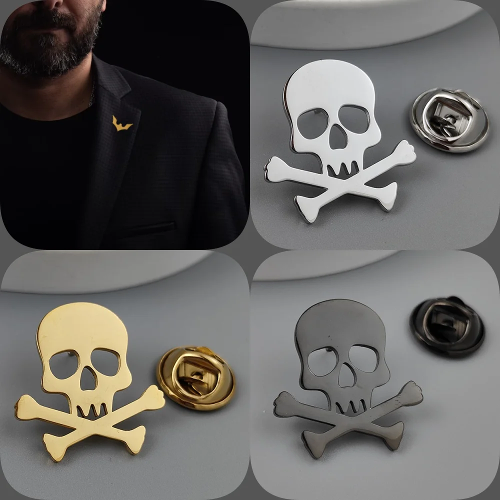 Insignia chapada en oro con calavera y huesos, broche de cuello negro para hombre, Pin de solapa plateado, conjunto de accesorios para traje de hombre, regalo de Halloween