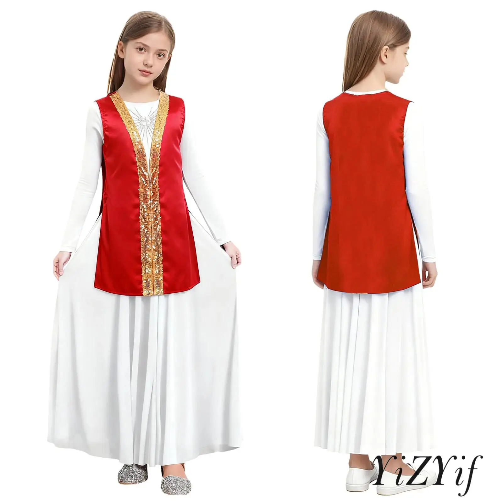 

Girls Liturgical Praise Dance Wear Sleeveless Sides Split Sequins Satin Vest Coat+Long Sleeve Maxi Dress Worship Modern Robe Set
