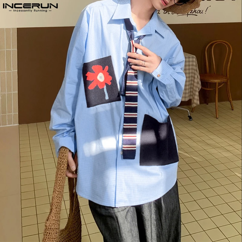 INCERUN Männer Hemd Plaid Patchwork Revers Lange Hülse Lose Beiläufige Männer Kleidung Streetwear Koreanischen Stil 2025, Mode Männlichen Shirts