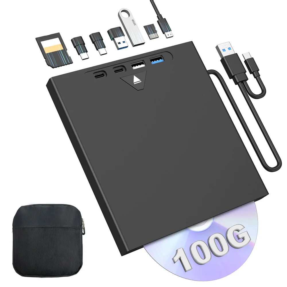 7-IN-1 External Blu-ray Drive Support 100GB BD/CD/DVD Read and Write Optical Drive CD Player Burner for Laptop PC Windows Mac OS
