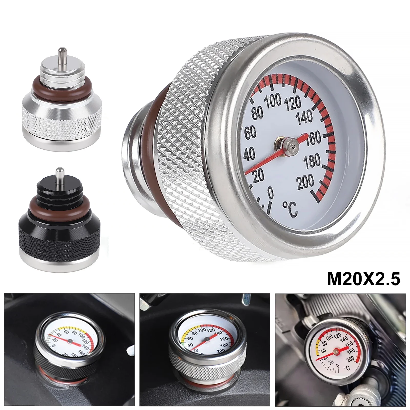 

M20x2,5 аксессуары для мотоциклов, крышка топливного бака, 0-200 градусов Цельсия, указатели температуры масла, термометр, черный, серебристый цвет