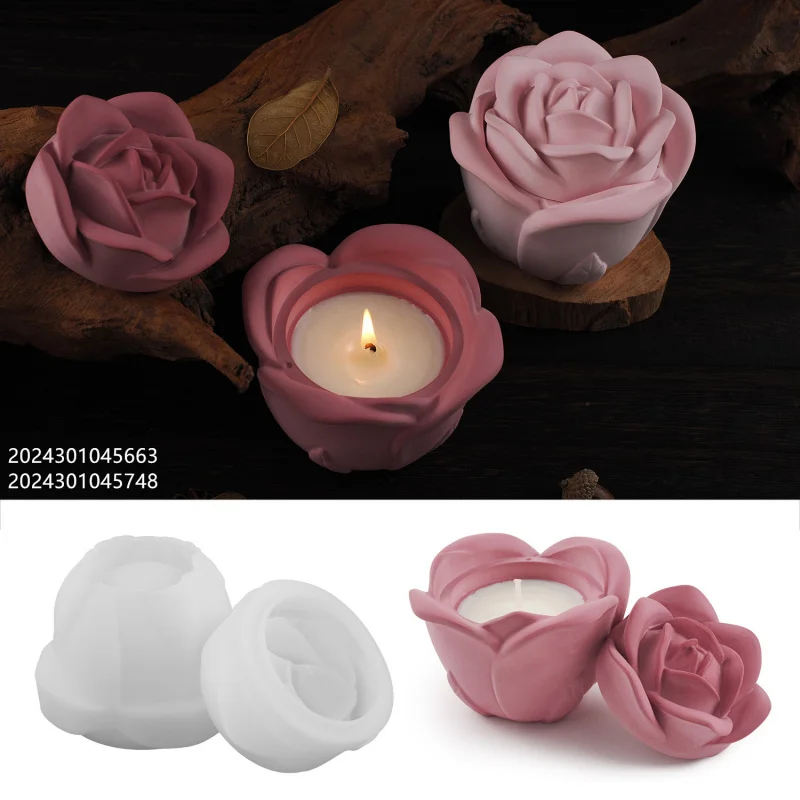 

diy plaster cement aromatherapy candle cup with lid silicone mold, rose flower storage jar silicone mold