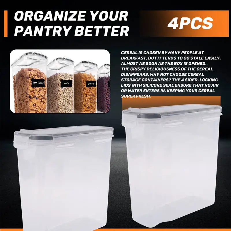 Juego de contenedores de almacenamiento de cereales de 4 Uds., contenedores herméticos de almacenamiento de alimentos PP de 2,5 L para cereales, aperitivos y azúcar-A42I