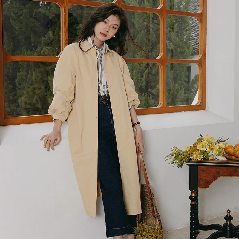 

Spring 2023 Loose Fit Korean Sle Retro Hong Kong Workwear Windbreaker Long Midi Dr with Waist-Cinching Coat New Arrival