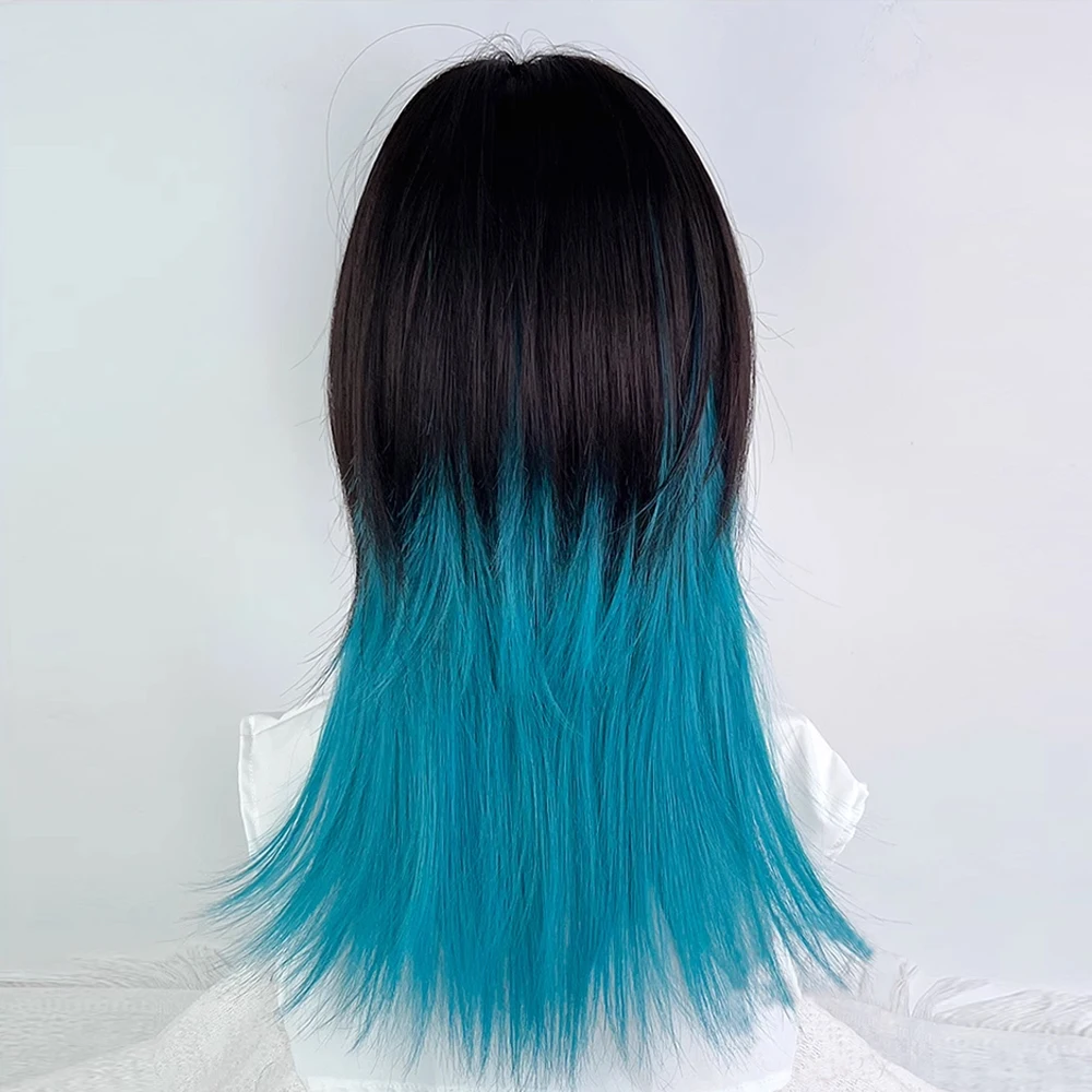 Synthetic Medium Long Women Fluffy Lolita Cosplay Wig for Daily Party Mullet Head Black Ombre Blue Layered Wigs with Bangs