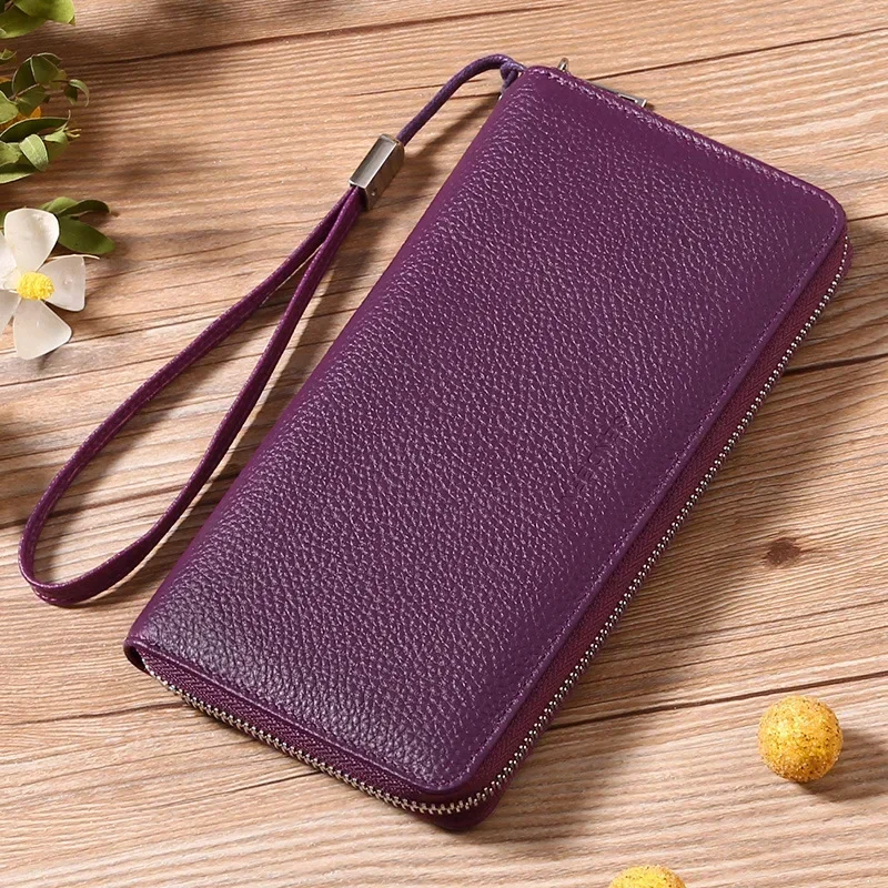 RFID Genuine Cow Long Wallet for Women Large Capacity Real Leather Multi Card Cellphone Holder Zipper Purse Money Clip 7Z