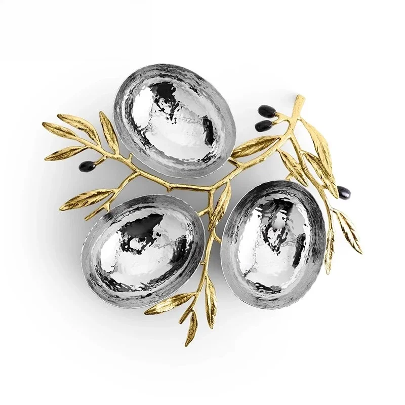 

Olive branch three-grid dim sum bowl cake ordering plate classification Snack bowl stainless steel ornament