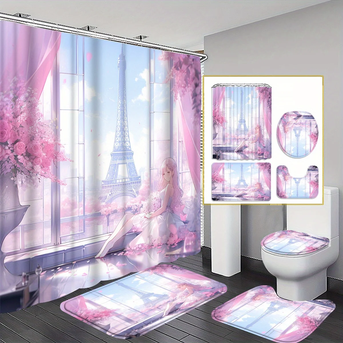 

4 шт., розовый Париж, вишневый цвет, Sunshine Girl, набор занавесок для душа, занавеска для ванной комнаты, декор для ванной комнаты, напольный коврик
