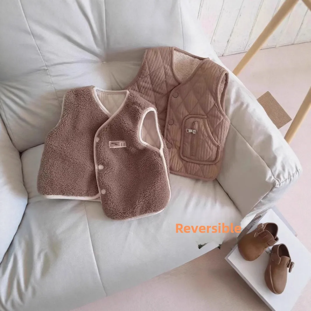 Children's Autumn and Winter Korean Style Retro Warm and Versatile Vest for Boys and Girls Baby Fleece Cotton Double-sided Vest